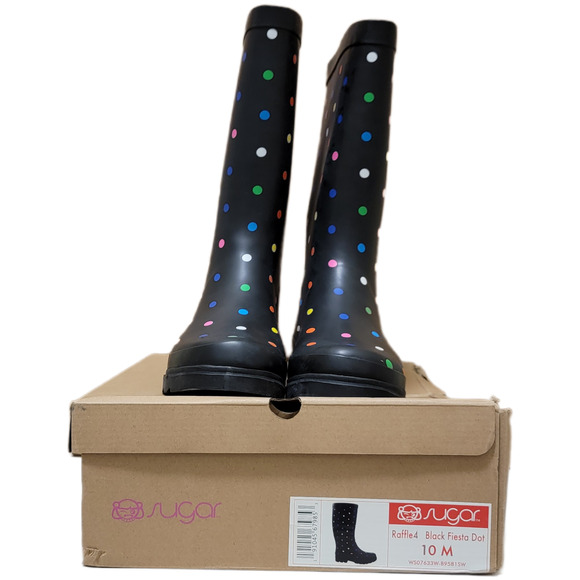 Sugar Women Raffle 4 Tall Rain Boots Size US 10M Black Fiesta Dot Rubber - Picture 4 of 4